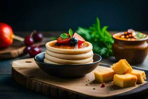 panquecas com fruta e bagas em uma de madeira mesa. gerado por IA foto