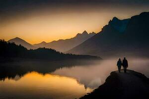 dois pessoas andar ao longo uma caminho dentro frente do uma lago às pôr do sol. gerado por IA foto