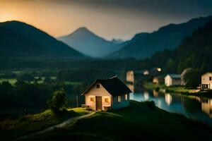 foto papel de parede a céu, montanhas, casa, a sol, a montanhas, a lago, o. gerado por IA