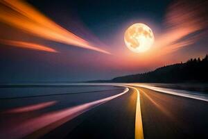 uma estrada com uma cheio lua dentro a céu. gerado por IA foto