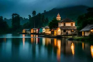 uma pequeno Vila senta em a Beira do uma lago às noite. gerado por IA foto