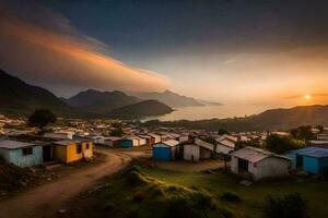 a Sol conjuntos sobre uma Vila dentro a montanhas. gerado por IA foto