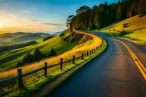 uma cênico estrada enrolamento através a montanhas às pôr do sol. gerado por IA foto