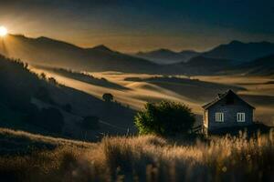 a casa dentro a montanhas. gerado por IA foto