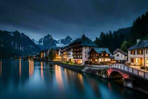 uma rio e casas dentro a montanhas às noite. gerado por IA foto