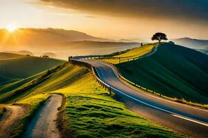 a estrada para a pôr do sol. gerado por IA foto