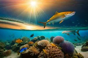 uma peixe nada dentro a oceano com coral recifes e peixe. gerado por IA foto