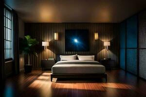 uma quarto com uma ampla cama e de madeira andares. gerado por IA foto