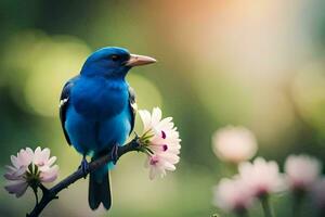 uma azul pássaro é sentado em uma ramo com Rosa flores gerado por IA foto