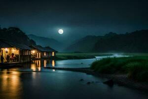 uma enluarada rio com casas e uma cheio lua. gerado por IA foto