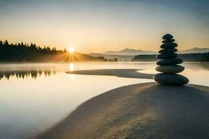 uma pilha do pedras é sentado em a costa do uma lago às nascer do sol. gerado por IA foto