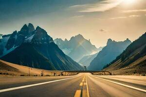 uma estrada dentro a montanhas com montanhas dentro a fundo. gerado por IA foto