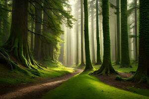 uma caminho através uma verde floresta com árvores gerado por IA foto