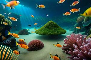 embaixo da agua cena com peixe e coral recifes. gerado por IA foto