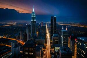 a cidade Horizonte às noite com uma azul céu. gerado por IA foto