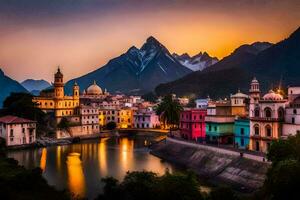 uma Cidade com colorida edifícios e montanhas às pôr do sol. gerado por IA foto