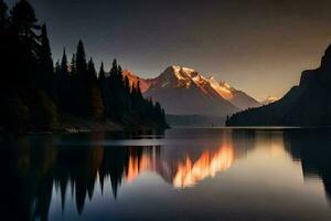 uma montanha alcance é refletido dentro a água. gerado por IA foto