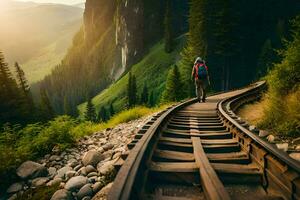 uma homem caminhando ao longo uma trem rastrear dentro a montanhas. gerado por IA foto