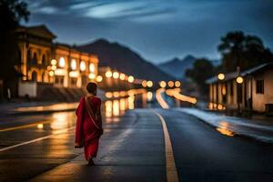 uma mulher dentro vermelho é caminhando baixa a rua às noite. gerado por IA foto