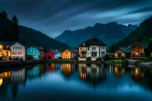 foto papel de parede a céu, montanhas, lago, casas, montanhas, noite, a montanhas, o. gerado por IA