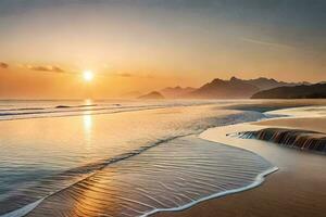 a Sol conjuntos sobre uma de praia e ondas. gerado por IA foto