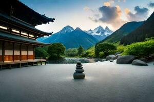 uma japonês estilo pagode dentro frente do montanhas. gerado por IA foto