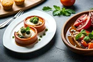 dois pratos com Comida em eles, Incluindo uma tomate e queijo prato. gerado por IA foto