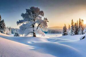 uma Nevado panorama com árvores e neve. gerado por IA foto