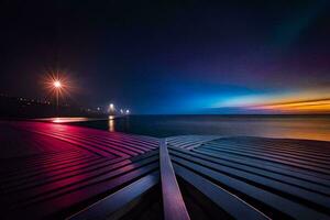 uma grandes cais com uma colorida céu às noite. gerado por IA foto