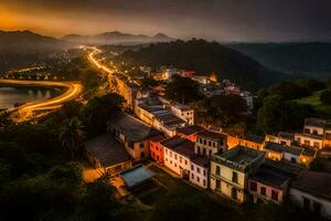 uma Cidade às crepúsculo com uma rio corrida através isto. gerado por IA foto