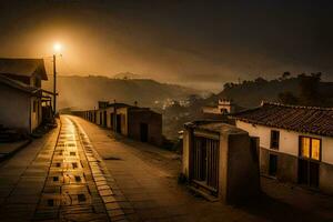uma grandes estrada conduzindo para uma Vila às crepúsculo. gerado por IA foto
