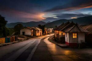 uma Vila às crepúsculo com uma luz brilhando em a casas. gerado por IA foto