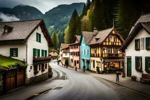 uma rua dentro a montanhas com casas e árvores gerado por IA foto