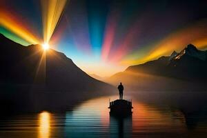 uma homem carrinhos em uma barco dentro frente do uma arco Iris claro. gerado por IA foto