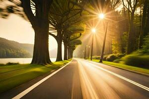 uma estrada com árvores e Sol brilhando dentro a fundo. gerado por IA foto