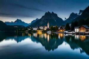 uma lago e montanha alcance às crepúsculo. gerado por IA foto