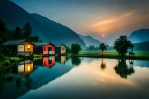 casas em a água às pôr do sol dentro a montanhas. gerado por IA foto