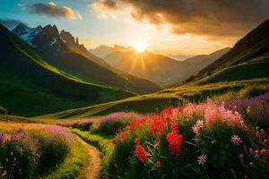 a Sol sobe sobre uma lindo montanha panorama com flores e grama. gerado por IA foto