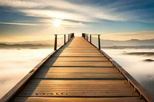 uma de madeira ponte sobre a oceano com a Sol brilhando. gerado por IA foto