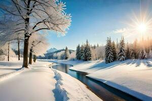 foto papel de parede a céu, neve, árvores, rio, sol, árvores, rio, inverno,. gerado por IA