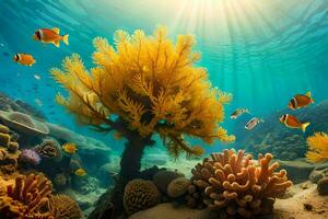 a embaixo da agua cena com coral e peixe. gerado por IA foto