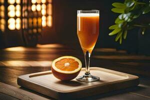uma vidro do laranja suco em uma de madeira bandeja. gerado por IA foto