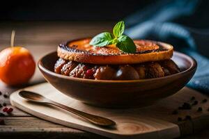 uma prato com uma peça do carne e a laranja. gerado por IA foto