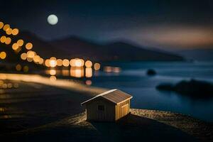 uma pequeno de madeira casa senta em a de praia às noite. gerado por IA foto