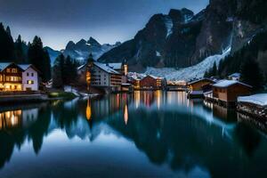 uma lago e casas dentro a montanhas às noite. gerado por IA foto