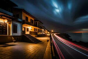 uma grandes exposição fotografia do uma rua às noite. gerado por IA foto