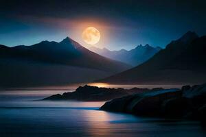 uma cheio lua sobe sobre a montanhas e água. gerado por IA foto