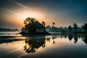 uma pequeno cabana senta em a costa do uma lago às pôr do sol. gerado por IA foto