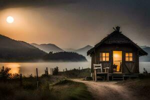 foto papel de parede a céu, montanhas, lago, névoa, pôr do sol, a casa, a caminho,. gerado por IA