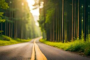 uma estrada dentro a meio do uma floresta com árvores gerado por IA foto